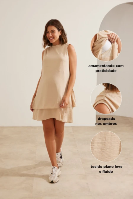 VESTIDO GESTANTE E AMAMENTAÇÃO CLÁSSICO CURTO TECIDO PLANO AREIA