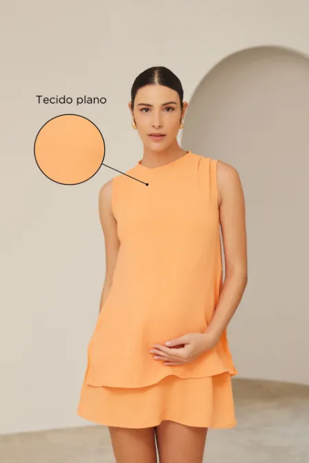 VESTIDO GESTANTE E AMAMENTAÇÃO CLÁSSICO CURTO TECIDO PLANO LARANJA