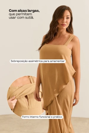 VESTIDO GESTANTE E AMAMENTAÇÃO COM SOBREPOSIÇÃO ASSIMÉTRICA CAQUI - Imagem 2