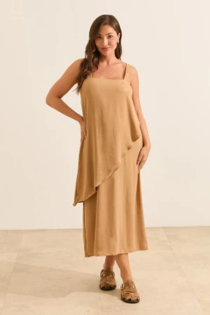 VESTIDO GESTANTE E AMAMENTAÇÃO COM SOBREPOSIÇÃO ASSIMÉTRICA CAQUI - Imagem 1