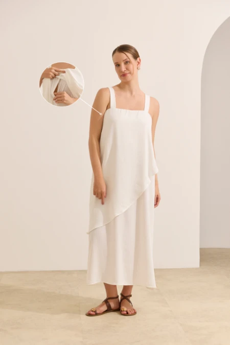VESTIDO GESTANTE E AMAMENTAÇÃO COM SOBREPOSIÇÃO ASSIMÉTRICA OFF WHITE