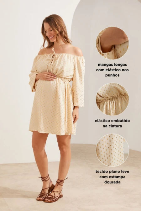VESTIDO GESTANTE E AMAMENTAÇÃO CURTO FLUÍDO COM DECOTE REGULÁVEL AREIA