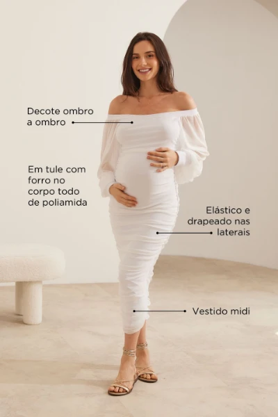 VESTIDO GESTANTE E AMAMENTAÇÃO DE TULE DRAPEADO OMBRO A OMBRO OFF WHITE - Imagem 2