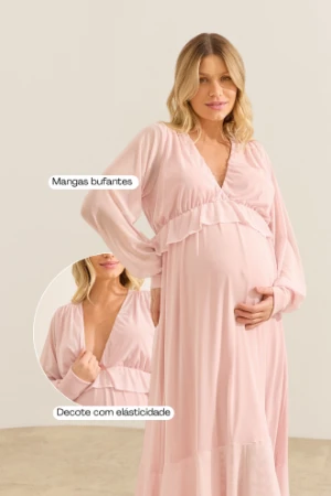 VESTIDO GESTANTE E AMAMENTAÇÃO DE TULE RETO COM BABADOS ROSA CLARO - Imagem 2