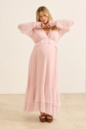 VESTIDO GESTANTE E AMAMENTAÇÃO DE TULE RETO COM BABADOS ROSA CLARO - Imagem 1