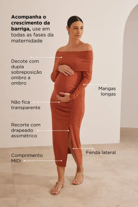 VESTIDO GESTANTE E AMAMENTAÇÃO DRAPEADO MANGA LONGA E FENDA MARROM