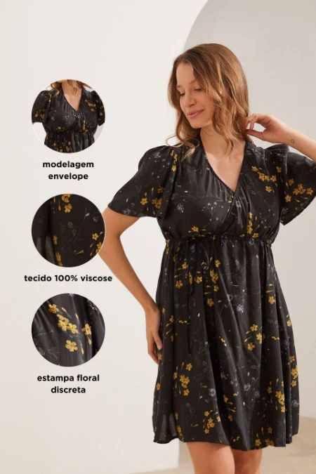 VESTIDO GESTANTE E AMAMENTAÇÃO ENVELOPE CURTO ESTAMPADO PRETO COM FLORES