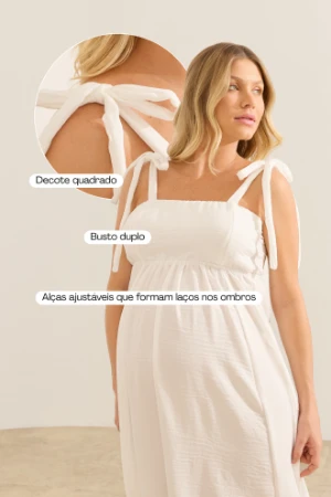 VESTIDO GESTANTE E AMAMENTAÇÃO LACINHO DECOTE QUADRADO BRANCO - Imagem 2