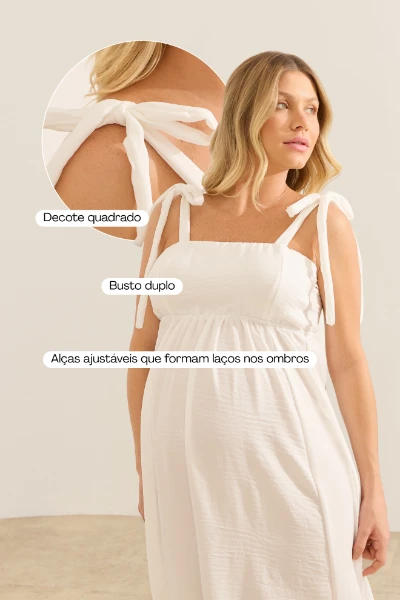 VESTIDO GESTANTE E AMAMENTAÇÃO LACINHO DECOTE QUADRADO BRANCO - Imagem 2