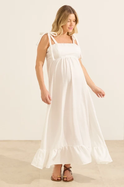 VESTIDO GESTANTE E AMAMENTAÇÃO LACINHO DECOTE QUADRADO BRANCO - Imagem 1