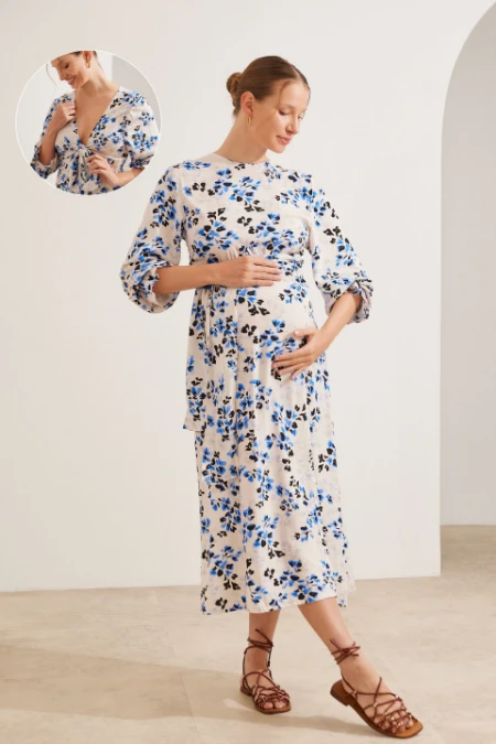 VESTIDO GESTANTE E AMAMENTAÇÃO LONGO 2 EM 1 PEROLA COM FLORES
