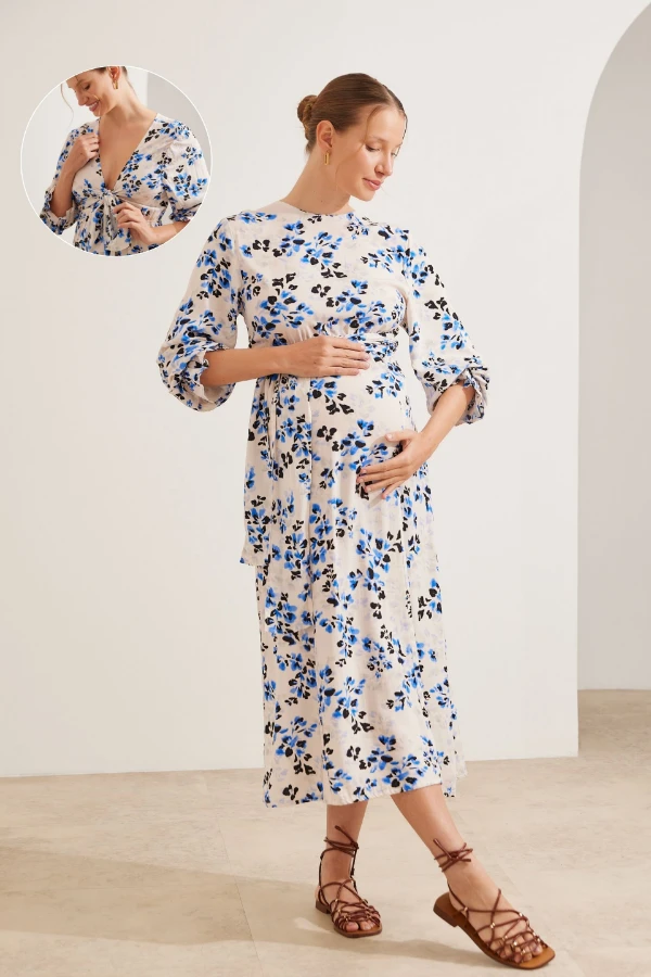 VESTIDO GESTANTE E AMAMENTAÇÃO LONGO 2 EM 1 PEROLA COM FLORES - Imagem 1