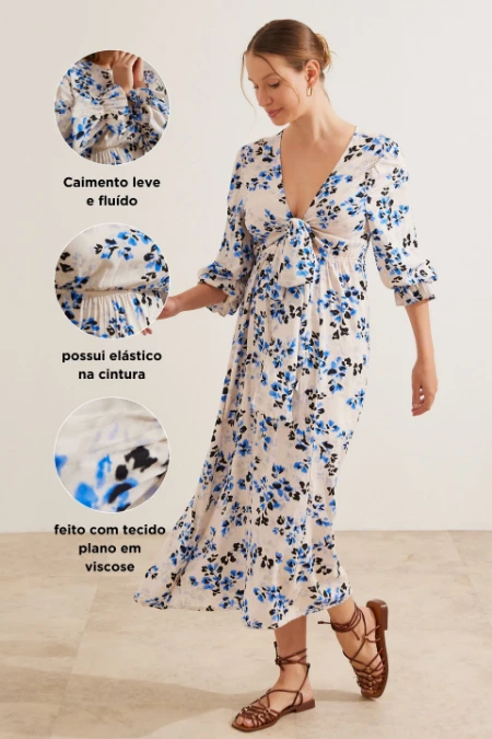 VESTIDO GESTANTE E AMAMENTAÇÃO LONGO 2 EM 1 PEROLA COM FLORES