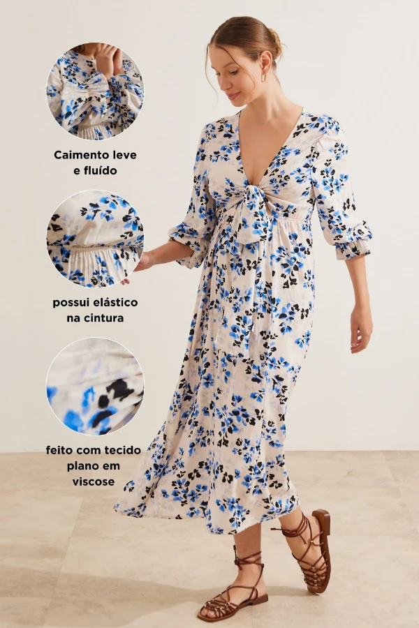 VESTIDO GESTANTE E AMAMENTAÇÃO LONGO 2 EM 1 PEROLA COM FLORES - Imagem 2