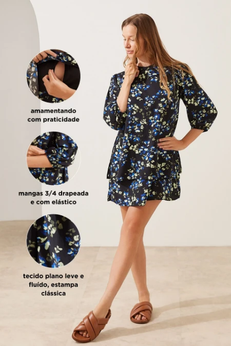 VESTIDO GESTANTE E AMAMENTAÇÃO MANGA 3/4 CLÁSSICO PRETO COM PETALAS