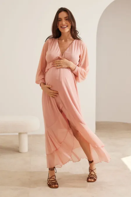 VESTIDO GESTANTE E AMAMENTAÇÃO MIDI TULE SOLTINHO E BABADOS ROSA