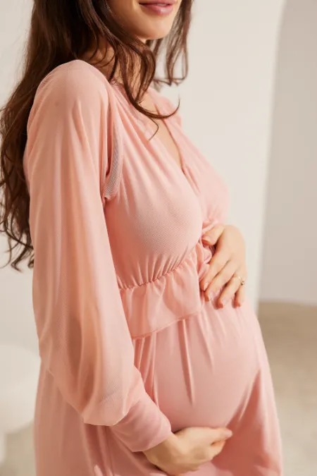 VESTIDO GESTANTE E AMAMENTAÇÃO MIDI TULE SOLTINHO E BABADOS ROSA