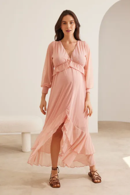 VESTIDO GESTANTE E AMAMENTAÇÃO MIDI TULE SOLTINHO E BABADOS ROSA