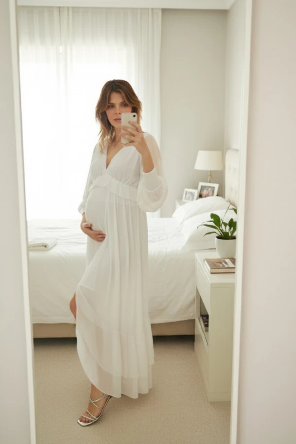 VESTIDO GESTANTE E AMAMENTAÇÃO MIDI TULE SOLTINHO E BABADOS OFF WHITE - Imagem 2