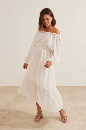 VESTIDO GESTANTE E AMAMENTAÇÃO OMBRO A OMBRO JACQUARD POA BRANCO - Imagem 1