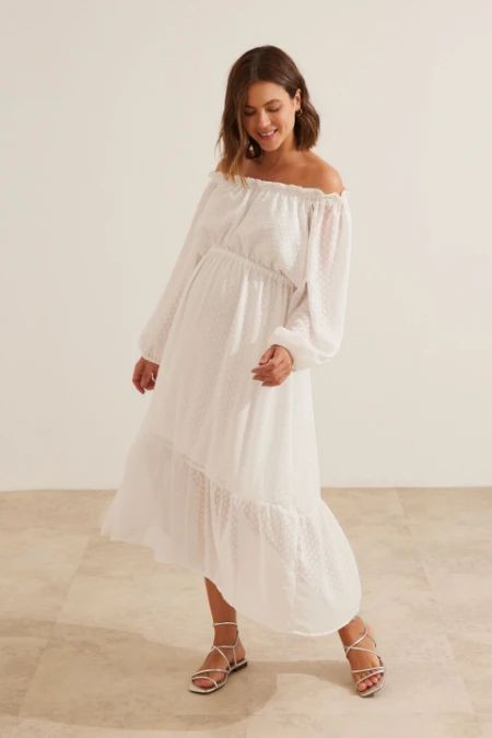 VESTIDO GESTANTE E AMAMENTAÇÃO OMBRO A OMBRO JACQUARD POA BRANCO