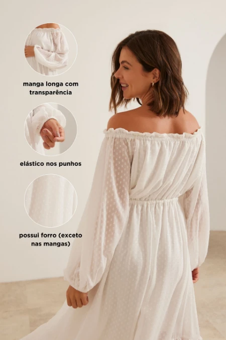 VESTIDO GESTANTE E AMAMENTAÇÃO OMBRO A OMBRO JACQUARD POA BRANCO