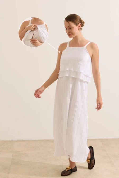 VESTIDO GESTANTE E AMAMENTAÇÃO PLISSADO CAMADAS BRANCO