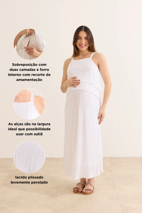 VESTIDO GESTANTE E AMAMENTAÇÃO PLISSADO CAMADAS BRANCO - Imagem 2