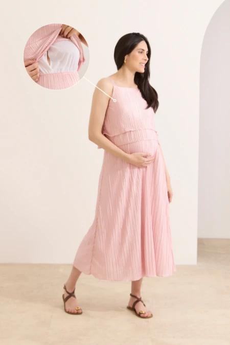 VESTIDO GESTANTE E AMAMENTAÇÃO PLISSADO CAMADAS ROSA CLARO