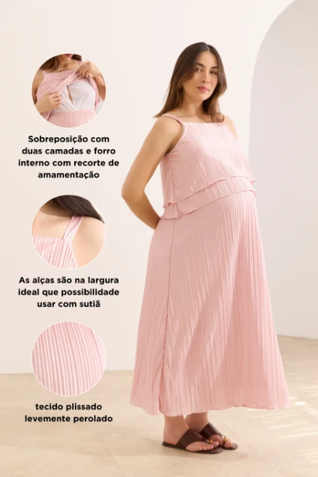 VESTIDO GESTANTE E AMAMENTAÇÃO PLISSADO CAMADAS ROSA CLARO