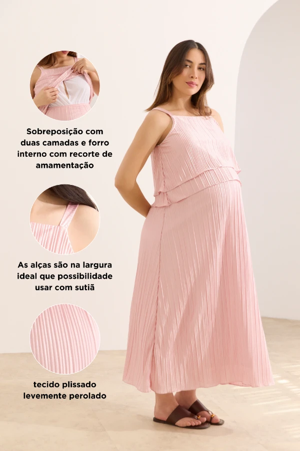 VESTIDO GESTANTE E AMAMENTAÇÃO PLISSADO CAMADAS ROSA CLARO - Imagem 2