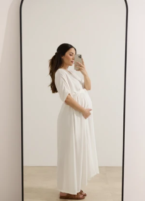 VESTIDO GESTANTE E AMAMENTAÇÃO ENVELOPE MIDI COM FAIXA OFF WHITE - Imagem 2