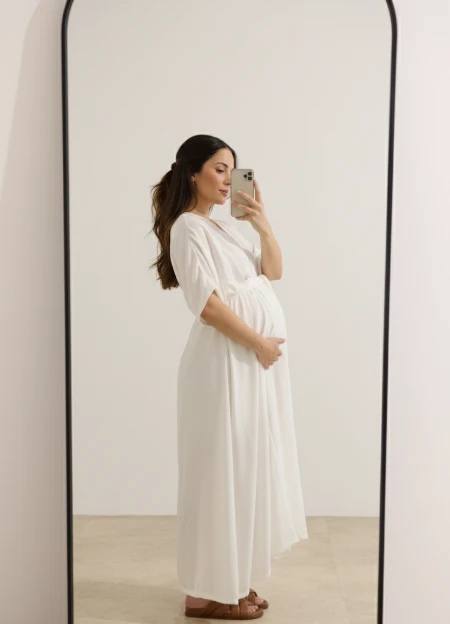 VESTIDO GESTANTE E AMAMENTAÇÃO ENVELOPE MIDI COM FAIXA OFF WHITE