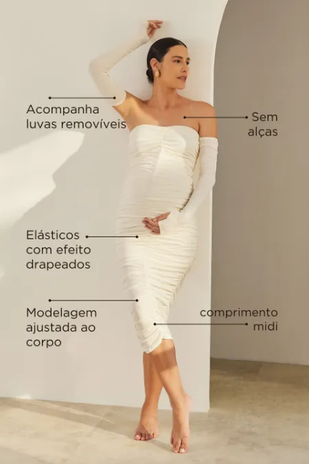 VESTIDO GESTANTE TUBINHO DRAPEADO MANGAS REMOVíVEIS OFF WHITE