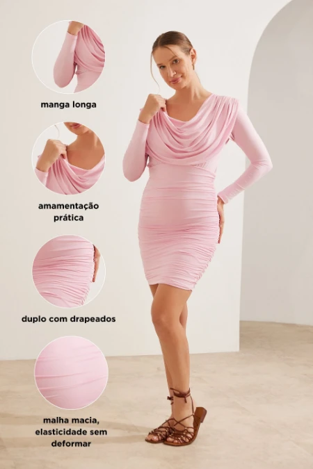 VESTIDO GOLA DEGAGÊ FRENTE E VERSO GESTANTE E AMAMENTAÇÃO ROSA
