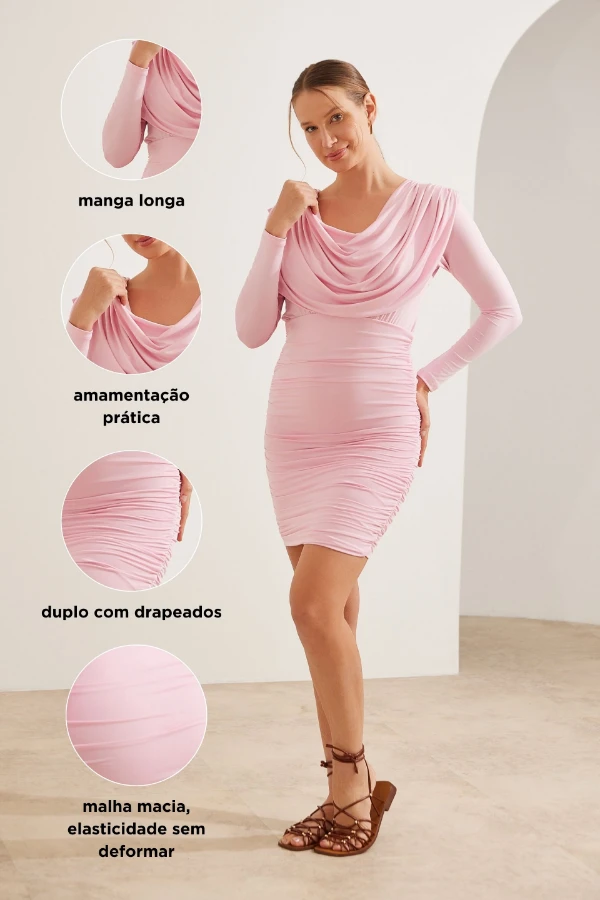 VESTIDO GOLA DEGAGÊ FRENTE E VERSO GESTANTE E AMAMENTAÇÃO ROSA - Imagem 2