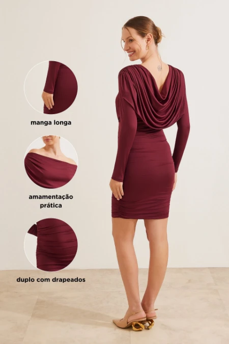 VESTIDO GOLA DEGAGÊ FRENTE E VERSO GESTANTE E AMAMENTAÇÃO VINHO