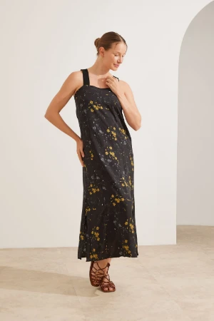 VESTIDO GESTANTE E AMAMENTAÇÃO LONGO ALÇA ELÁSTICA PRETO COM FLORES - Imagem 1