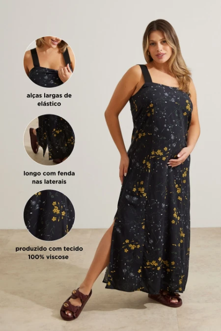 VESTIDO GESTANTE E AMAMENTAÇÃO LONGO ALÇA ELÁSTICA PRETO COM FLORES