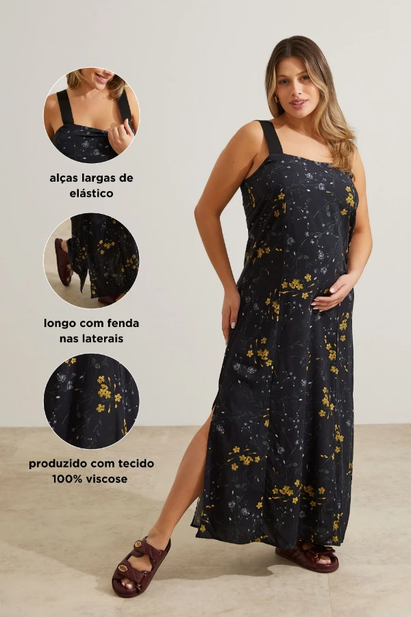 VESTIDO GESTANTE E AMAMENTAÇÃO LONGO ALÇA ELÁSTICA PRETO COM FLORES - Imagem 2