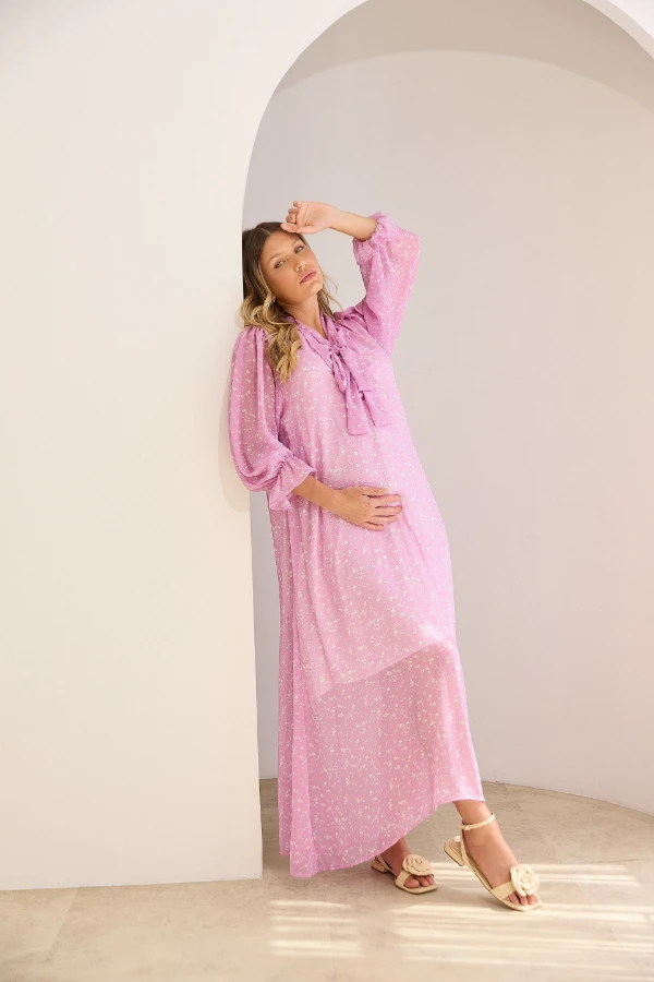 VESTIDO LONGO GESTANTE E AMAMENTAÇÃO COM LAÇO LAVANDA - Imagem 1
