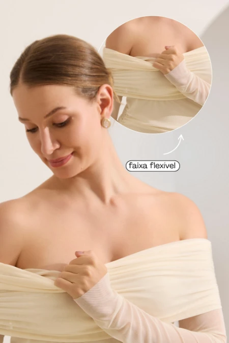 VESTIDO LONGO DE TULE OMBRO A OMBRO GESTANTE E AMAMENTAÇÃO PEROLA