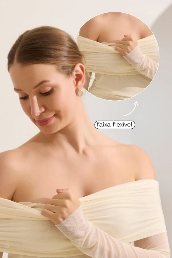 VESTIDO LONGO DE TULE OMBRO A OMBRO GESTANTE E AMAMENTAÇÃO PEROLA - Imagem 2