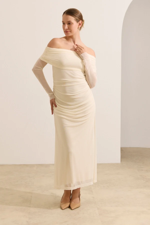 VESTIDO LONGO DE TULE OMBRO A OMBRO GESTANTE E AMAMENTAÇÃO PEROLA - Imagem 1