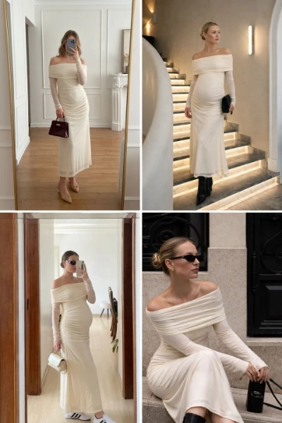 VESTIDO LONGO DE TULE OMBRO A OMBRO GESTANTE E AMAMENTAÇÃO PEROLA - Imagem 2