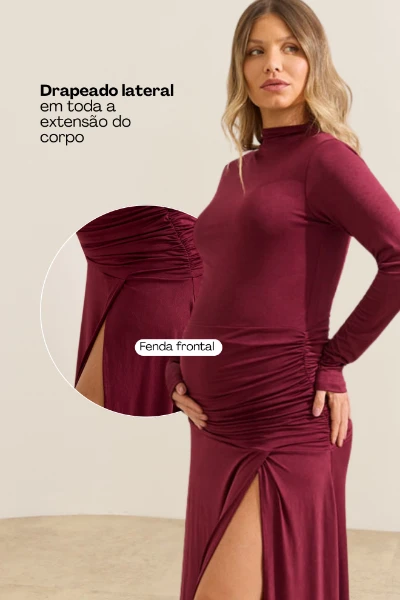 VESTIDO LONGO GESTANTE COM FENDA DRAPEADO BORDO - Imagem 2
