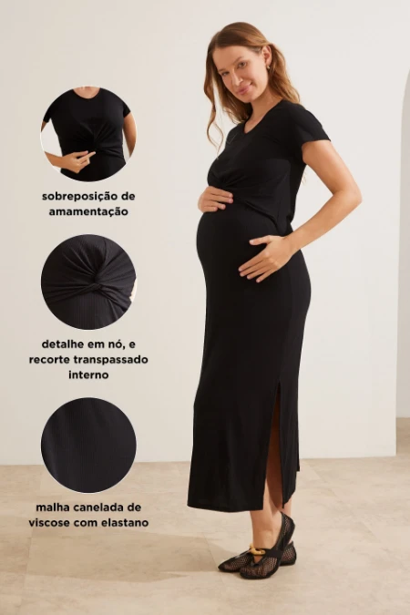 VESTIDO AMAMENTAÇÃO MÃENIFORME LONGO CANELADO PRETO