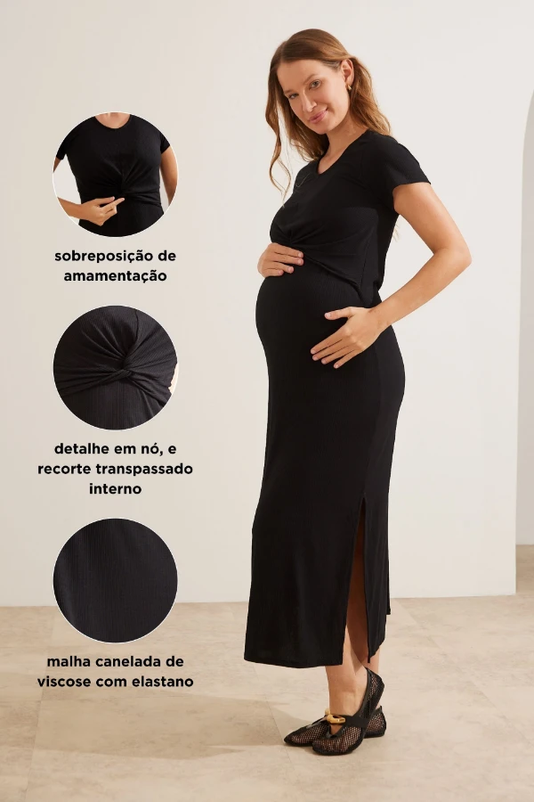 VESTIDO AMAMENTAÇÃO MÃENIFORME LONGO CANELADO PRETO - Imagem 2