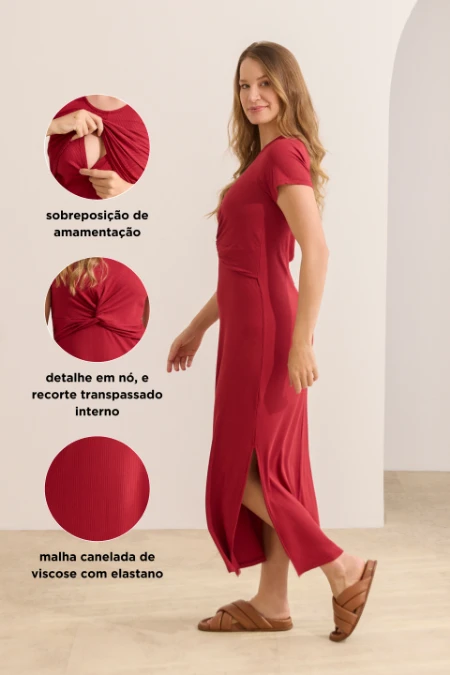 VESTIDO AMAMENTAÇÃO MÃENIFORME LONGO CANELADO BORDO