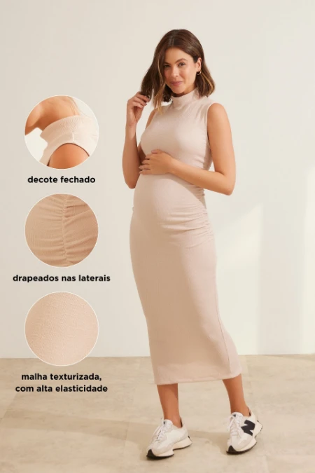 VESTIDO GESTANTE MIDI DRAPEADO E FENDA NATURAL